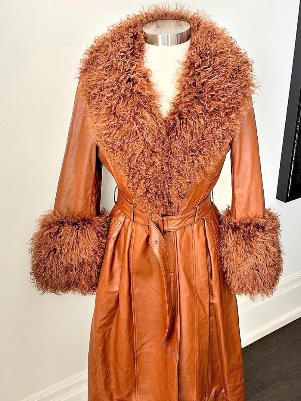 Saks Potts Leather Coat in Walnut Brown with shearling trim